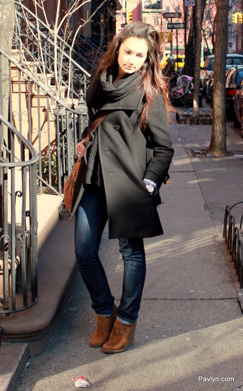 NYC street style in black wool coat and wedge booties